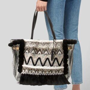 REBECCA MINKOFF Aztec Feel Beach Tote Shoulder Bag Black Beige Tweed Beaded